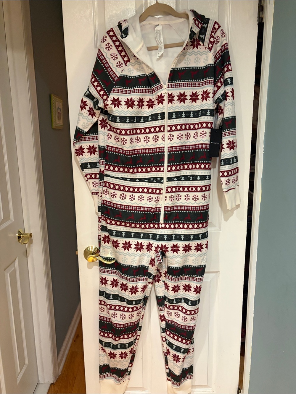 Fabletics Holiday  Fair Isle Hooded Pajamas - White, Red & Green unisex